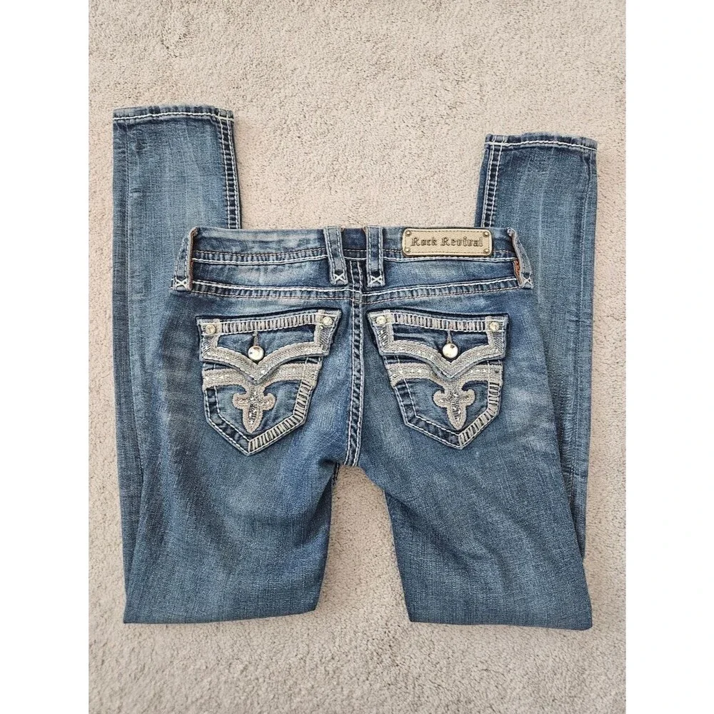 Rock Revival Embroidered Flap Back Pockets Y2K Jen Skinny Denim Jeans Women 27